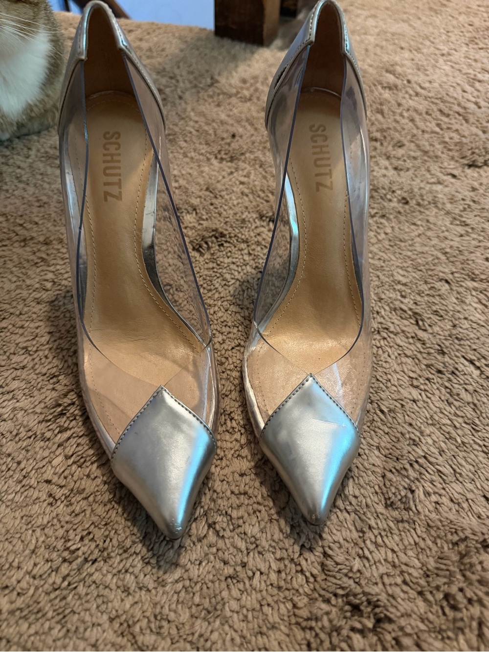 SCHUTZ Silver Pointed-Toe Pumps with Clear Panels